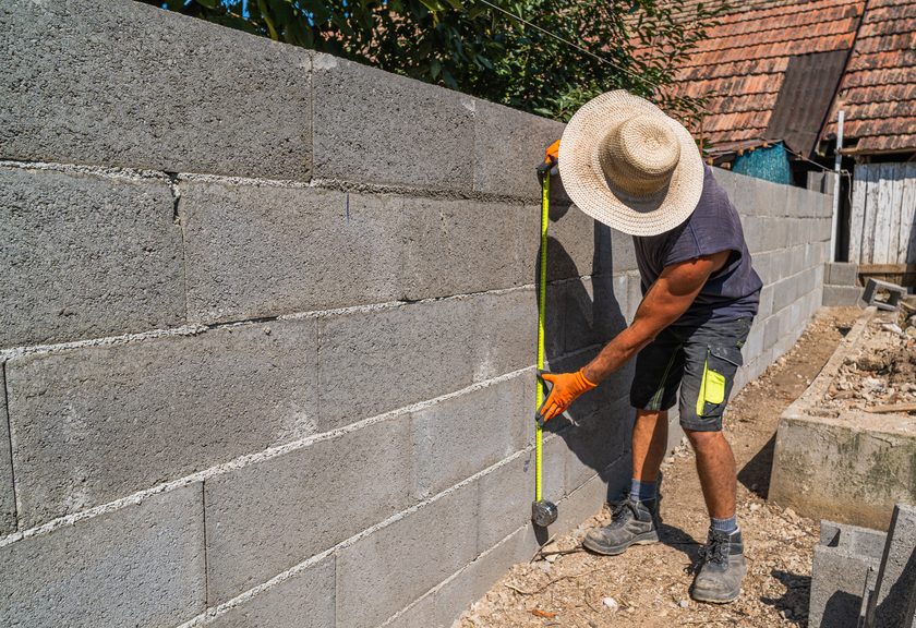 Worker in a straw hat holding a tape measure against a new gray block wall