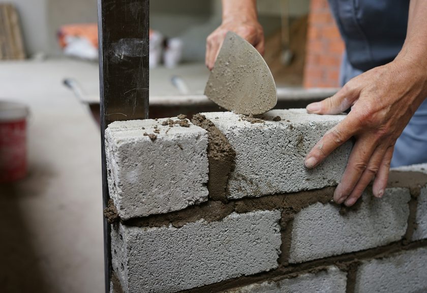 Mason pressing a gray block into place beside a fresh mortar joint, trowel in hand
